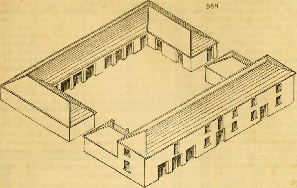 An illustration from An encyclopædia of cottage, farm, and villa architecture and furniture : containing numerous designs for dwellings from the cottage to the villa including farm houses, farmeries, and other agricultural buildings, several designs for country inns, public houses, and parochial schools, with the requisite fittings-up fixtures and furniture ; and appropriate offices, gardens and garden scenery ; each design accompanied by analytical and critical marks illustrative of the principles of archtiectural science and taste on whihc it is composed, 1836, leaf 520