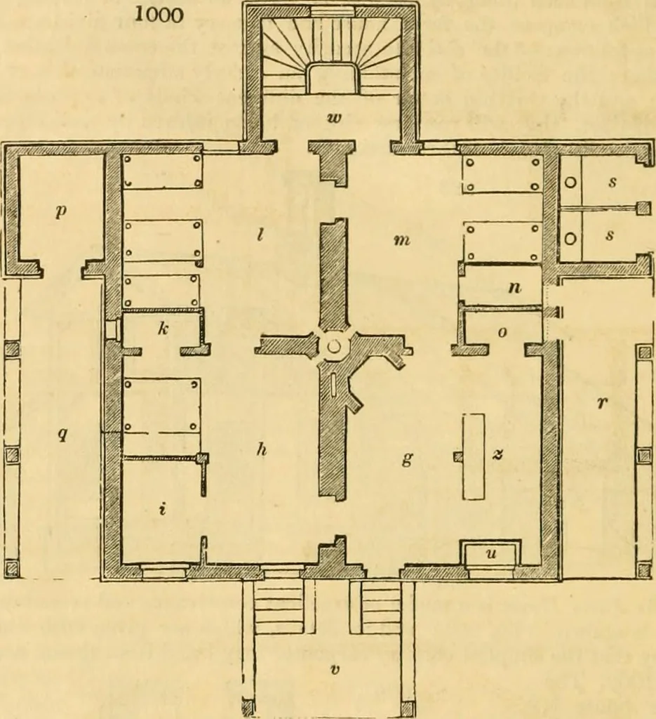 An illustration from An encyclopædia of cottage, farm, and villa architecture and furniture : containing numerous designs for dwellings from the cottage to the villa including farm houses, farmeries, and other agricultural buildings, several designs for country inns, public houses, and parochial schools, with the requisite fittings-up fixtures and furniture ; and appropriate offices, gardens and garden scenery ; each design accompanied by analytical and critical marks illustrative of the principles of archtiectural science and taste on whihc it is composed, 1836, leaf 525