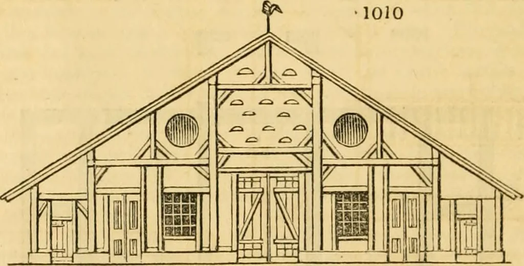 An illustration from An encyclopædia of cottage, farm, and villa architecture and furniture : containing numerous designs for dwellings from the cottage to the villa including farm houses, farmeries, and other agricultural buildings, several designs for country inns, public houses, and parochial schools, with the requisite fittings-up fixtures and furniture ; and appropriate offices, gardens and garden scenery ; each design accompanied by analytical and critical marks illustrative of the principles of archtiectural science and taste on whihc it is composed, 1836, leaf 529