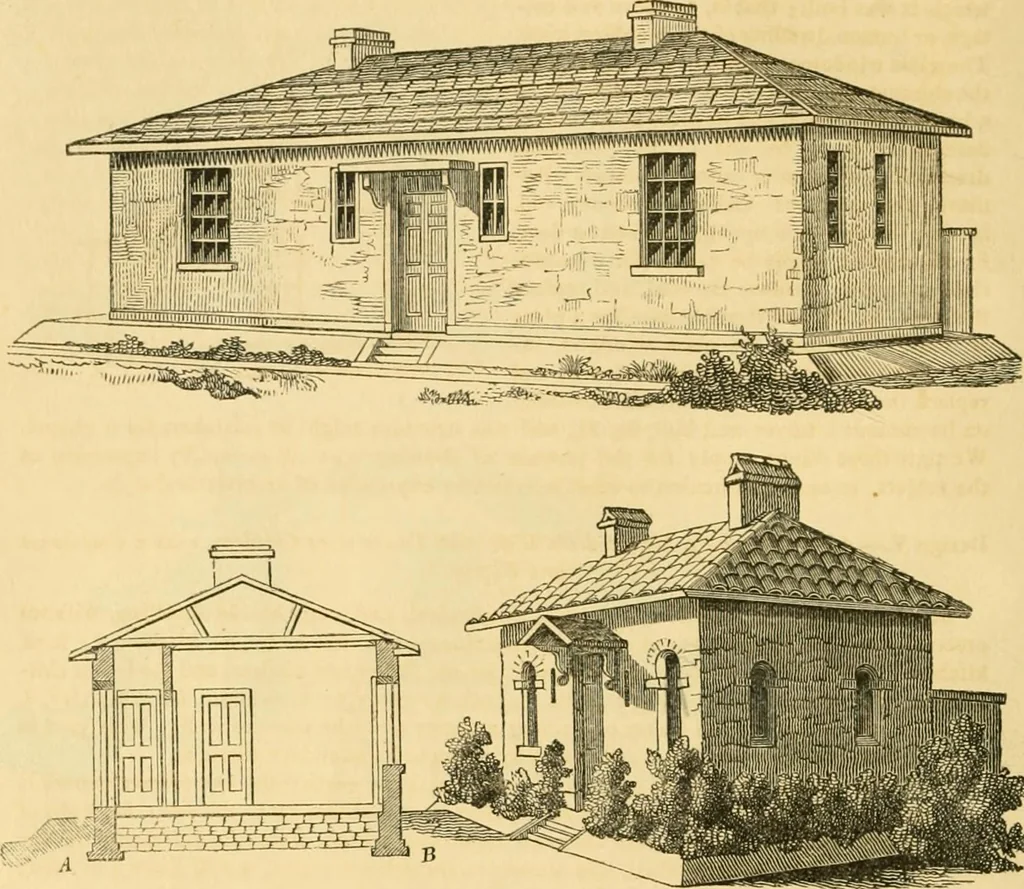 An illustration from An encyclopædia of cottage, farm, and villa architecture and furniture : containing numerous designs for dwellings from the cottage to the villa including farm houses, farmeries, and other agricultural buildings, several designs for country inns, public houses, and parochial schools, with the requisite fittings-up fixtures and furniture ; and appropriate offices, gardens and garden scenery ; each design accompanied by analytical and critical marks illustrative of the principles of archtiectural science and taste on whihc it is composed, 1836, leaf 53