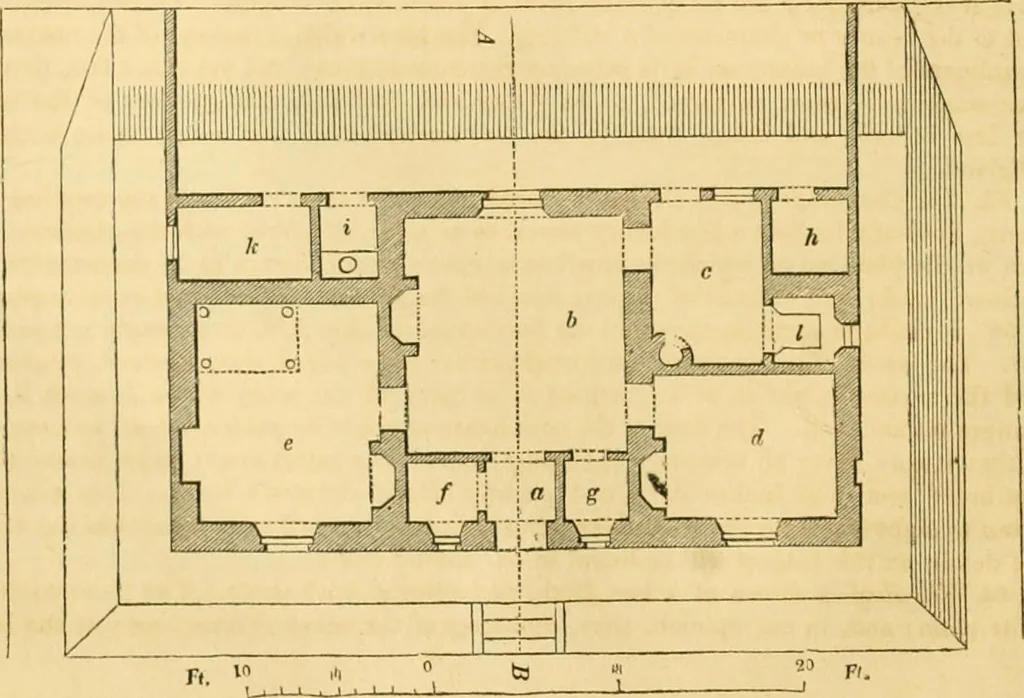 An illustration from An encyclopædia of cottage, farm, and villa architecture and furniture : containing numerous designs for dwellings from the cottage to the villa including farm houses, farmeries, and other agricultural buildings, several designs for country inns, public houses, and parochial schools, with the requisite fittings-up fixtures and furniture ; and appropriate offices, gardens and garden scenery ; each design accompanied by analytical and critical marks illustrative of the principles of archtiectural science and taste on whihc it is composed, 1836, leaf 53