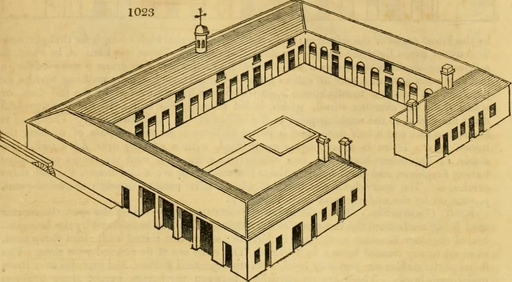 An illustration from An encyclopædia of cottage, farm, and villa architecture and furniture : containing numerous designs for dwellings from the cottage to the villa including farm houses, farmeries, and other agricultural buildings, several designs for country inns, public houses, and parochial schools, with the requisite fittings-up fixtures and furniture ; and appropriate offices, gardens and garden scenery ; each design accompanied by analytical and critical marks illustrative of the principles of archtiectural science and taste on whihc it is composed, 1836, leaf 534