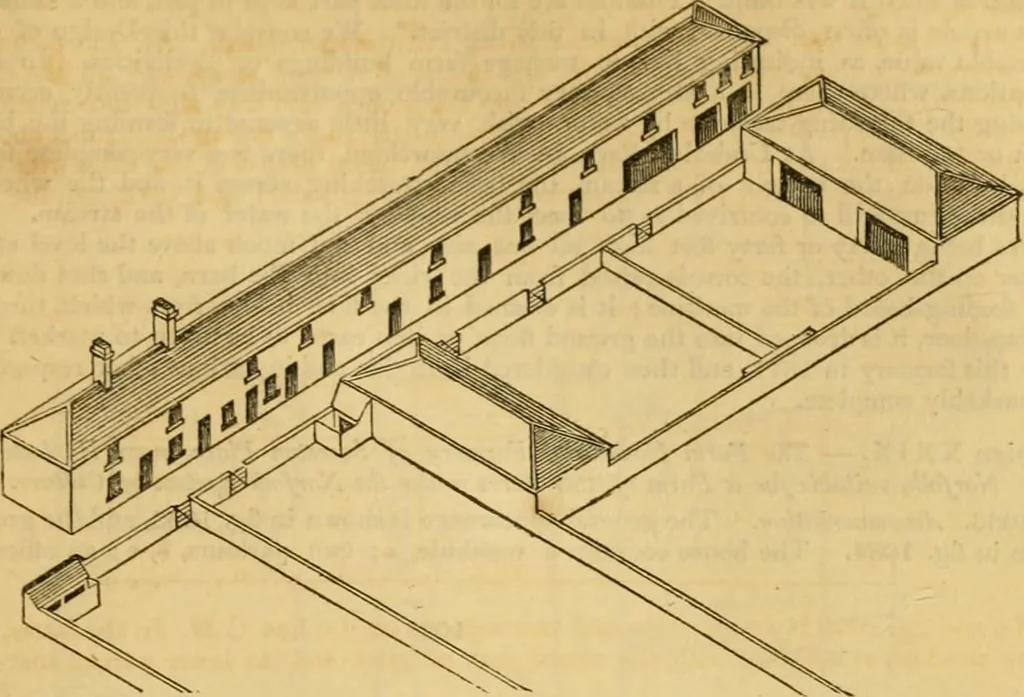 An illustration from An encyclopædia of cottage, farm, and villa architecture and furniture : containing numerous designs for dwellings from the cottage to the villa including farm houses, farmeries, and other agricultural buildings, several designs for country inns, public houses, and parochial schools, with the requisite fittings-up fixtures and furniture ; and appropriate offices, gardens and garden scenery ; each design accompanied by analytical and critical marks illustrative of the principles of archtiectural science and taste on whihc it is composed, 1836, leaf 538