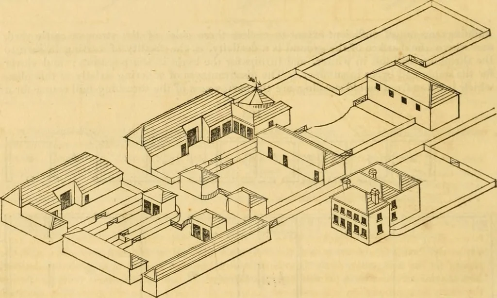 An illustration from An encyclopædia of cottage, farm, and villa architecture and furniture : containing numerous designs for dwellings from the cottage to the villa including farm houses, farmeries, and other agricultural buildings, several designs for country inns, public houses, and parochial schools, with the requisite fittings-up fixtures and furniture ; and appropriate offices, gardens and garden scenery ; each design accompanied by analytical and critical marks illustrative of the principles of archtiectural science and taste on whihc it is composed, 1836, leaf 539