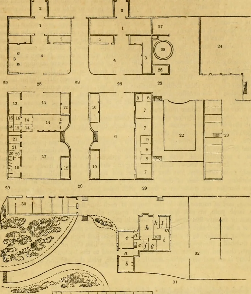 An illustration from An encyclopædia of cottage, farm, and villa architecture and furniture : containing numerous designs for dwellings from the cottage to the villa including farm houses, farmeries, and other agricultural buildings, several designs for country inns, public houses, and parochial schools, with the requisite fittings-up fixtures and furniture ; and appropriate offices, gardens and garden scenery ; each design accompanied by analytical and critical marks illustrative of the principles of archtiectural science and taste on whihc it is composed, 1836, leaf 540
