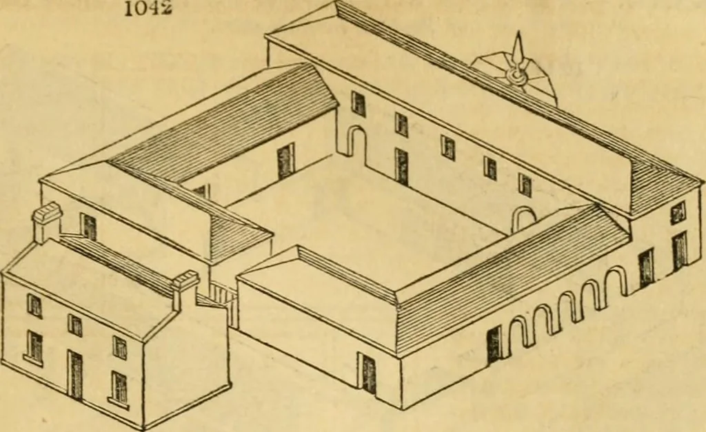 An illustration from An encyclopædia of cottage, farm, and villa architecture and furniture : containing numerous designs for dwellings from the cottage to the villa including farm houses, farmeries, and other agricultural buildings, several designs for country inns, public houses, and parochial schools, with the requisite fittings-up fixtures and furniture ; and appropriate offices, gardens and garden scenery ; each design accompanied by analytical and critical marks illustrative of the principles of archtiectural science and taste on whihc it is composed, 1836, leaf 544