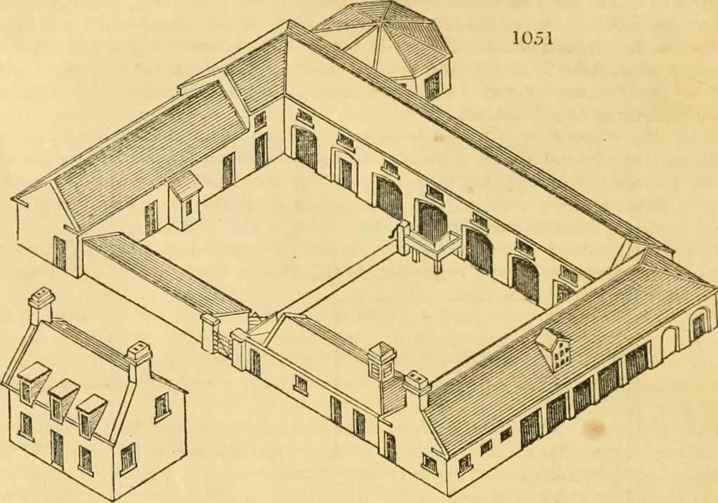 An illustration from An encyclopædia of cottage, farm, and villa architecture and furniture : containing numerous designs for dwellings from the cottage to the villa including farm houses, farmeries, and other agricultural buildings, several designs for country inns, public houses, and parochial schools, with the requisite fittings-up fixtures and furniture ; and appropriate offices, gardens and garden scenery ; each design accompanied by analytical and critical marks illustrative of the principles of archtiectural science and taste on whihc it is composed, 1836, leaf 547