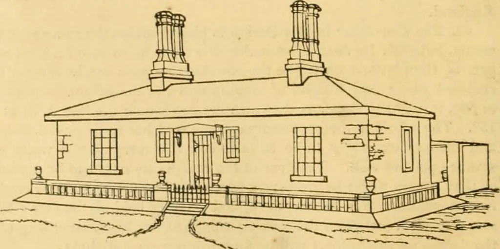 An illustration from An encyclopædia of cottage, farm, and villa architecture and furniture : containing numerous designs for dwellings from the cottage to the villa including farm houses, farmeries, and other agricultural buildings, several designs for country inns, public houses, and parochial schools, with the requisite fittings-up fixtures and furniture ; and appropriate offices, gardens and garden scenery ; each design accompanied by analytical and critical marks illustrative of the principles of archtiectural science and taste on whihc it is composed, 1836, leaf 55