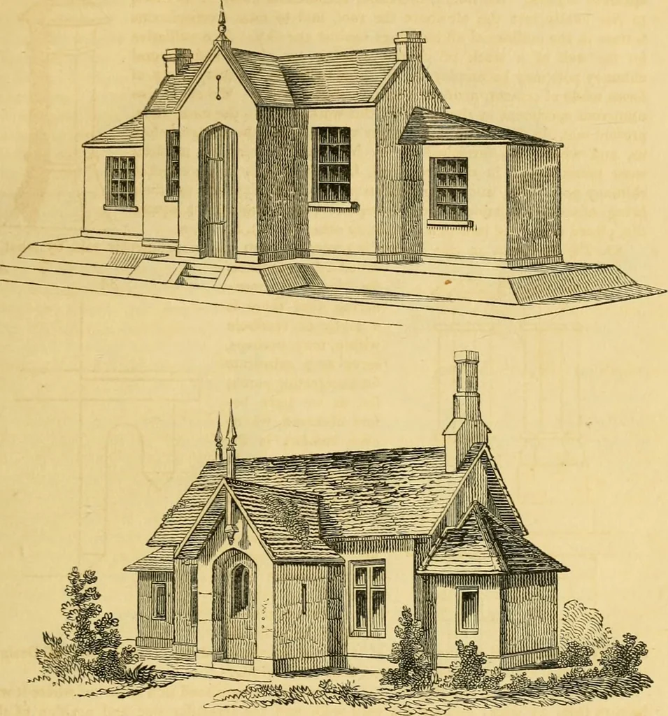 An illustration from An encyclopædia of cottage, farm, and villa architecture and furniture : containing numerous designs for dwellings from the cottage to the villa including farm houses, farmeries, and other agricultural buildings, several designs for country inns, public houses, and parochial schools, with the requisite fittings-up fixtures and furniture ; and appropriate offices, gardens and garden scenery ; each design accompanied by analytical and critical marks illustrative of the principles of archtiectural science and taste on whihc it is composed, 1836, leaf 56