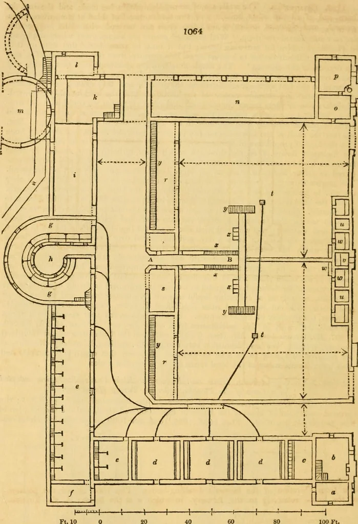 An illustration from An encyclopædia of cottage, farm, and villa architecture and furniture : containing numerous designs for dwellings from the cottage to the villa including farm houses, farmeries, and other agricultural buildings, several designs for country inns, public houses, and parochial schools, with the requisite fittings-up fixtures and furniture ; and appropriate offices, gardens and garden scenery ; each design accompanied by analytical and critical marks illustrative of the principles of archtiectural science and taste on whihc it is composed, 1836, leaf 561