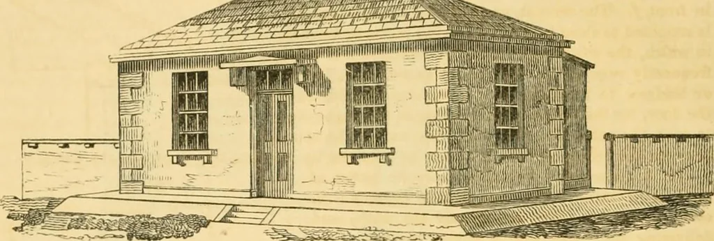 An illustration from An encyclopædia of cottage, farm, and villa architecture and furniture : containing numerous designs for dwellings from the cottage to the villa including farm houses, farmeries, and other agricultural buildings, several designs for country inns, public houses, and parochial schools, with the requisite fittings-up fixtures and furniture ; and appropriate offices, gardens and garden scenery ; each design accompanied by analytical and critical marks illustrative of the principles of archtiectural science and taste on whihc it is composed, 1836, leaf 57