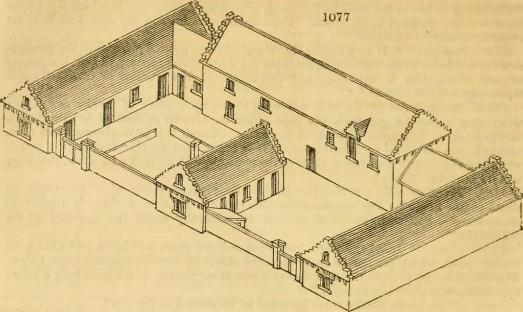 An illustration from An encyclopædia of cottage, farm, and villa architecture and furniture : containing numerous designs for dwellings from the cottage to the villa including farm houses, farmeries, and other agricultural buildings, several designs for country inns, public houses, and parochial schools, with the requisite fittings-up fixtures and furniture ; and appropriate offices, gardens and garden scenery ; each design accompanied by analytical and critical marks illustrative of the principles of archtiectural science and taste on whihc it is composed, 1836, leaf 573