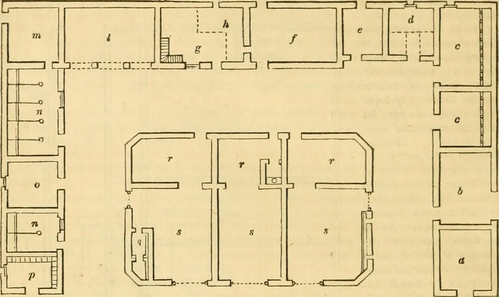 An illustration from An encyclopædia of cottage, farm, and villa architecture and furniture : containing numerous designs for dwellings from the cottage to the villa including farm houses, farmeries, and other agricultural buildings, several designs for country inns, public houses, and parochial schools, with the requisite fittings-up fixtures and furniture ; and appropriate offices, gardens and garden scenery ; each design accompanied by analytical and critical marks illustrative of the principles of archtiectural science and taste on whihc it is composed, 1836, leaf 579