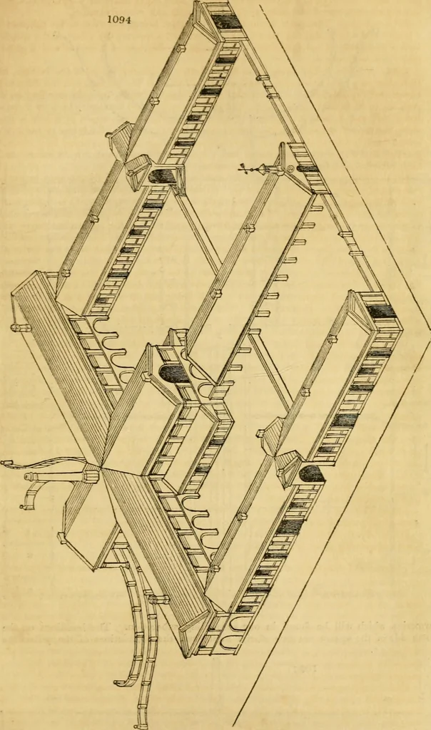 An illustration from An encyclopædia of cottage, farm, and villa architecture and furniture : containing numerous designs for dwellings from the cottage to the villa including farm houses, farmeries, and other agricultural buildings, several designs for country inns, public houses, and parochial schools, with the requisite fittings-up fixtures and furniture ; and appropriate offices, gardens and garden scenery ; each design accompanied by analytical and critical marks illustrative of the principles of archtiectural science and taste on whihc it is composed, 1836, leaf 584