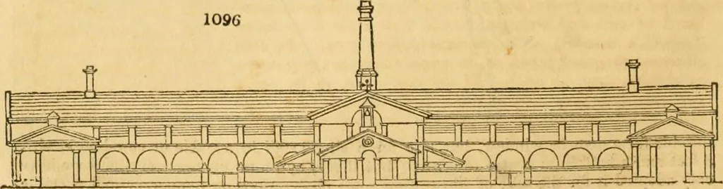 An illustration from An encyclopædia of cottage, farm, and villa architecture and furniture : containing numerous designs for dwellings from the cottage to the villa including farm houses, farmeries, and other agricultural buildings, several designs for country inns, public houses, and parochial schools, with the requisite fittings-up fixtures and furniture ; and appropriate offices, gardens and garden scenery ; each design accompanied by analytical and critical marks illustrative of the principles of archtiectural science and taste on whihc it is composed, 1836, leaf 585