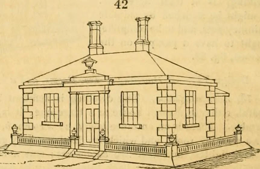 An illustration from An encyclopædia of cottage, farm, and villa architecture and furniture : containing numerous designs for dwellings from the cottage to the villa including farm houses, farmeries, and other agricultural buildings, several designs for country inns, public houses, and parochial schools, with the requisite fittings-up fixtures and furniture ; and appropriate offices, gardens and garden scenery ; each design accompanied by analytical and critical marks illustrative of the principles of archtiectural science and taste on whihc it is composed, 1836, leaf 59