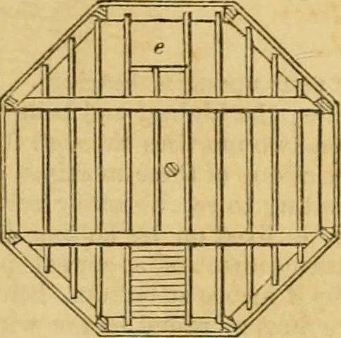 An illustration from An encyclopædia of cottage, farm, and villa architecture and furniture : containing numerous designs for dwellings from the cottage to the villa including farm houses, farmeries, and other agricultural buildings, several designs for country inns, public houses, and parochial schools, with the requisite fittings-up fixtures and furniture ; and appropriate offices, gardens and garden scenery ; each design accompanied by analytical and critical marks illustrative of the principles of archtiectural science and taste on whihc it is composed, 1836, leaf 608