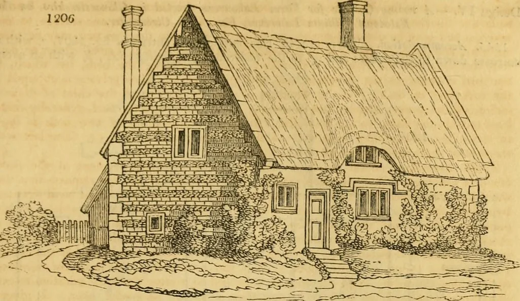 An illustration from An encyclopædia of cottage, farm, and villa architecture and furniture : containing numerous designs for dwellings from the cottage to the villa including farm houses, farmeries, and other agricultural buildings, several designs for country inns, public houses, and parochial schools, with the requisite fittings-up fixtures and furniture ; and appropriate offices, gardens and garden scenery ; each design accompanied by analytical and critical marks illustrative of the principles of archtiectural science and taste on whihc it is composed, 1836, leaf 656