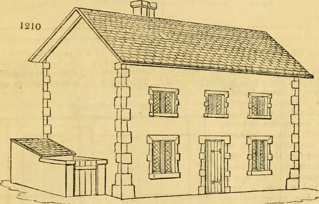 An illustration from An encyclopædia of cottage, farm, and villa architecture and furniture : containing numerous designs for dwellings from the cottage to the villa including farm houses, farmeries, and other agricultural buildings, several designs for country inns, public houses, and parochial schools, with the requisite fittings-up fixtures and furniture ; and appropriate offices, gardens and garden scenery ; each design accompanied by analytical and critical marks illustrative of the principles of archtiectural science and taste on whihc it is composed, 1836, leaf 658