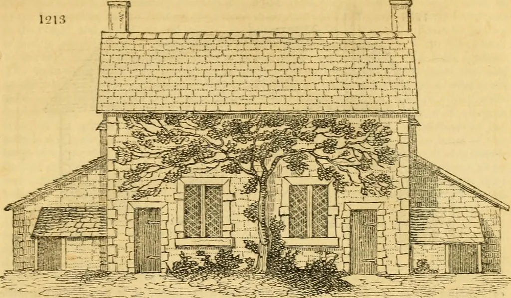 An illustration from An encyclopædia of cottage, farm, and villa architecture and furniture : containing numerous designs for dwellings from the cottage to the villa including farm houses, farmeries, and other agricultural buildings, several designs for country inns, public houses, and parochial schools, with the requisite fittings-up fixtures and furniture ; and appropriate offices, gardens and garden scenery ; each design accompanied by analytical and critical marks illustrative of the principles of archtiectural science and taste on whihc it is composed, 1836, leaf 660