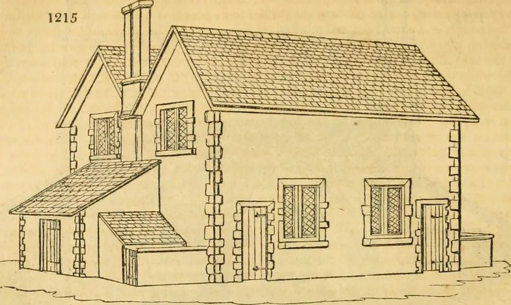 An illustration from An encyclopædia of cottage, farm, and villa architecture and furniture : containing numerous designs for dwellings from the cottage to the villa including farm houses, farmeries, and other agricultural buildings, several designs for country inns, public houses, and parochial schools, with the requisite fittings-up fixtures and furniture ; and appropriate offices, gardens and garden scenery ; each design accompanied by analytical and critical marks illustrative of the principles of archtiectural science and taste on whihc it is composed, 1836, leaf 661
