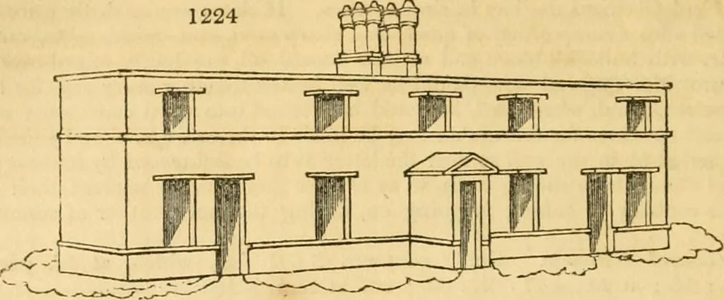 An illustration from An encyclopædia of cottage, farm, and villa architecture and furniture : containing numerous designs for dwellings from the cottage to the villa including farm houses, farmeries, and other agricultural buildings, several designs for country inns, public houses, and parochial schools, with the requisite fittings-up fixtures and furniture ; and appropriate offices, gardens and garden scenery ; each design accompanied by analytical and critical marks illustrative of the principles of archtiectural science and taste on whihc it is composed, 1836, leaf 665