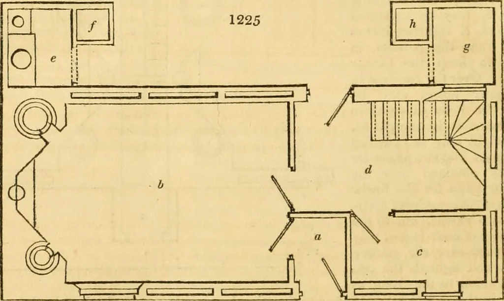 An illustration from An encyclopædia of cottage, farm, and villa architecture and furniture : containing numerous designs for dwellings from the cottage to the villa including farm houses, farmeries, and other agricultural buildings, several designs for country inns, public houses, and parochial schools, with the requisite fittings-up fixtures and furniture ; and appropriate offices, gardens and garden scenery ; each design accompanied by analytical and critical marks illustrative of the principles of archtiectural science and taste on whihc it is composed, 1836, leaf 665