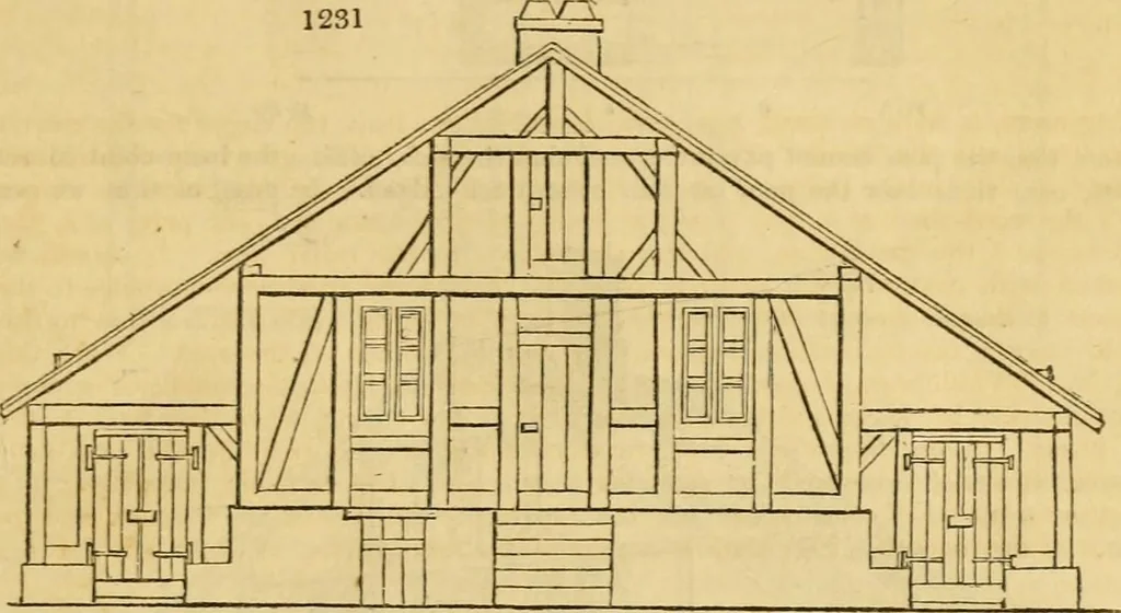 An illustration from An encyclopædia of cottage, farm, and villa architecture and furniture : containing numerous designs for dwellings from the cottage to the villa including farm houses, farmeries, and other agricultural buildings, several designs for country inns, public houses, and parochial schools, with the requisite fittings-up fixtures and furniture ; and appropriate offices, gardens and garden scenery ; each design accompanied by analytical and critical marks illustrative of the principles of archtiectural science and taste on whihc it is composed, 1836, leaf 668