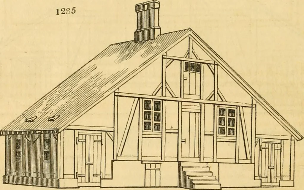 An illustration from An encyclopædia of cottage, farm, and villa architecture and furniture : containing numerous designs for dwellings from the cottage to the villa including farm houses, farmeries, and other agricultural buildings, several designs for country inns, public houses, and parochial schools, with the requisite fittings-up fixtures and furniture ; and appropriate offices, gardens and garden scenery ; each design accompanied by analytical and critical marks illustrative of the principles of archtiectural science and taste on whihc it is composed, 1836, leaf 669