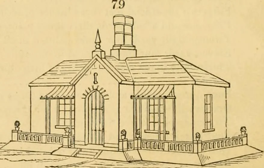 An illustration from An encyclopædia of cottage, farm, and villa architecture and furniture : containing numerous designs for dwellings from the cottage to the villa including farm houses, farmeries, and other agricultural buildings, several designs for country inns, public houses, and parochial schools, with the requisite fittings-up fixtures and furniture ; and appropriate offices, gardens and garden scenery ; each design accompanied by analytical and critical marks illustrative of the principles of archtiectural science and taste on whihc it is composed, 1836, leaf 67