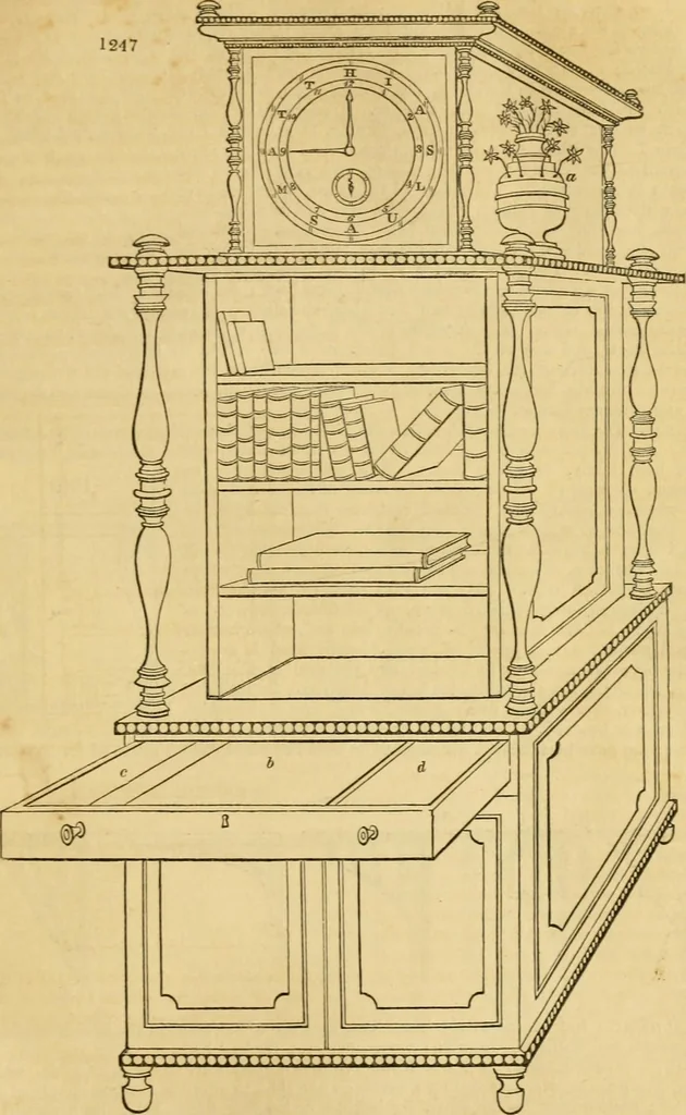 An illustration from An encyclopædia of cottage, farm, and villa architecture and furniture : containing numerous designs for dwellings from the cottage to the villa including farm houses, farmeries, and other agricultural buildings, several designs for country inns, public houses, and parochial schools, with the requisite fittings-up fixtures and furniture ; and appropriate offices, gardens and garden scenery ; each design accompanied by analytical and critical marks illustrative of the principles of archtiectural science and taste on whihc it is composed, 1836, leaf 676