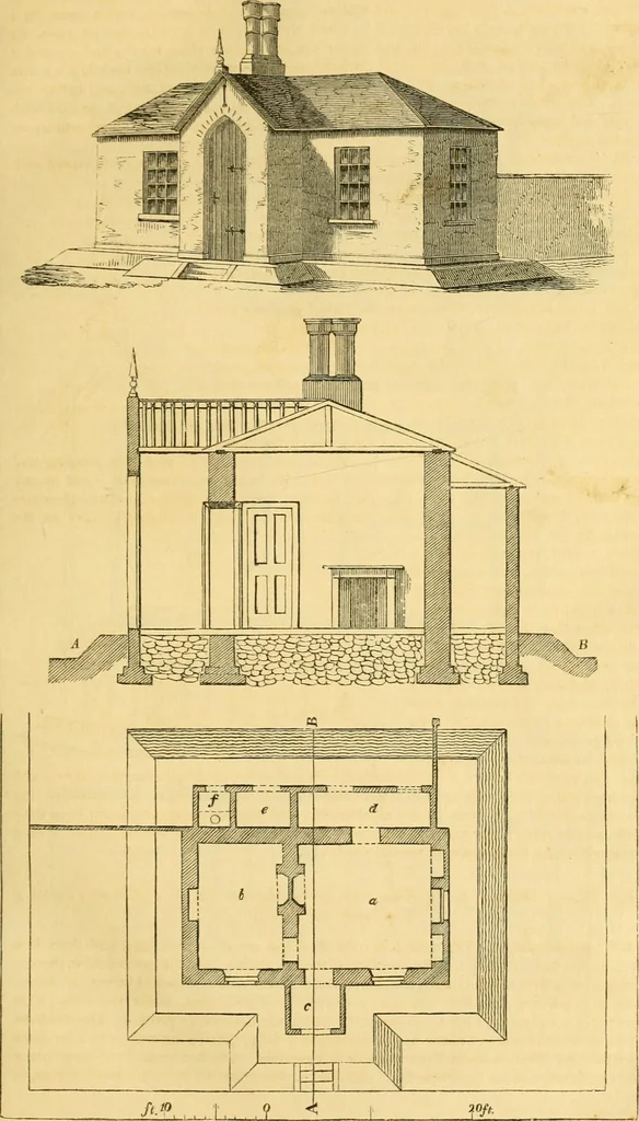 An illustration from An encyclopædia of cottage, farm, and villa architecture and furniture : containing numerous designs for dwellings from the cottage to the villa including farm houses, farmeries, and other agricultural buildings, several designs for country inns, public houses, and parochial schools, with the requisite fittings-up fixtures and furniture ; and appropriate offices, gardens and garden scenery ; each design accompanied by analytical and critical marks illustrative of the principles of archtiectural science and taste on whihc it is composed, 1836, leaf 68