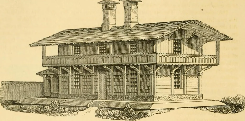 An illustration from An encyclopædia of cottage, farm, and villa architecture and furniture : containing numerous designs for dwellings from the cottage to the villa including farm houses, farmeries, and other agricultural buildings, several designs for country inns, public houses, and parochial schools, with the requisite fittings-up fixtures and furniture ; and appropriate offices, gardens and garden scenery ; each design accompanied by analytical and critical marks illustrative of the principles of archtiectural science and taste on whihc it is composed, 1836, leaf 69