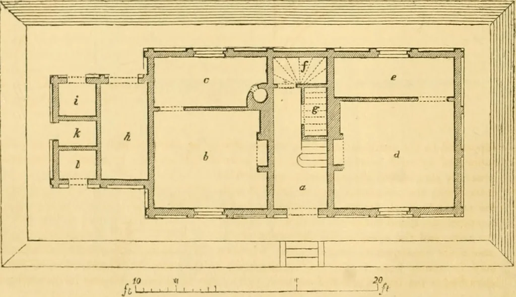An illustration from An encyclopædia of cottage, farm, and villa architecture and furniture : containing numerous designs for dwellings from the cottage to the villa including farm houses, farmeries, and other agricultural buildings, several designs for country inns, public houses, and parochial schools, with the requisite fittings-up fixtures and furniture ; and appropriate offices, gardens and garden scenery ; each design accompanied by analytical and critical marks illustrative of the principles of archtiectural science and taste on whihc it is composed, 1836, leaf 69