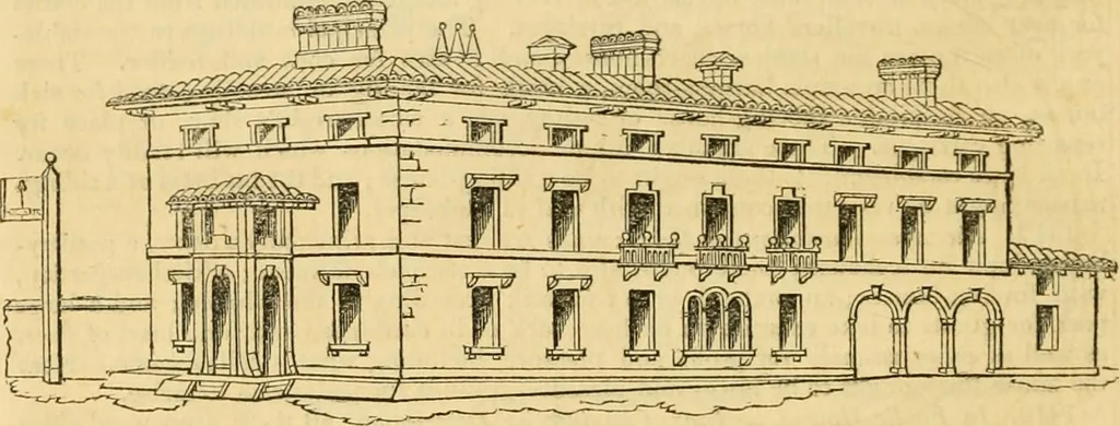 An illustration from An encyclopædia of cottage, farm, and villa architecture and furniture : containing numerous designs for dwellings from the cottage to the villa including farm houses, farmeries, and other agricultural buildings, several designs for country inns, public houses, and parochial schools, with the requisite fittings-up fixtures and furniture ; and appropriate offices, gardens and garden scenery ; each design accompanied by analytical and critical marks illustrative of the principles of archtiectural science and taste on whihc it is composed, 1836, leaf 701
