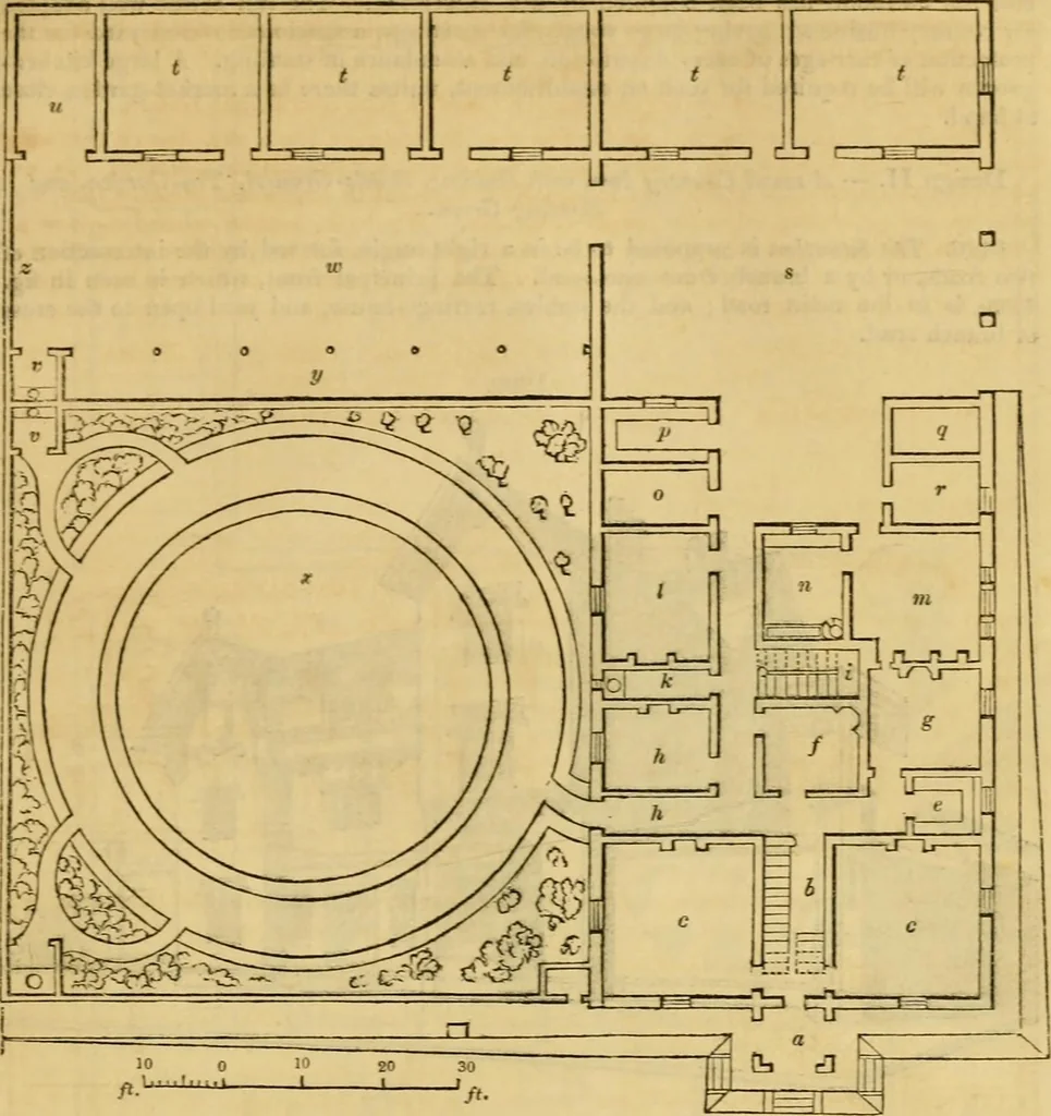 An illustration from An encyclopædia of cottage, farm, and villa architecture and furniture : containing numerous designs for dwellings from the cottage to the villa including farm houses, farmeries, and other agricultural buildings, several designs for country inns, public houses, and parochial schools, with the requisite fittings-up fixtures and furniture ; and appropriate offices, gardens and garden scenery ; each design accompanied by analytical and critical marks illustrative of the principles of archtiectural science and taste on whihc it is composed, 1836, leaf 702