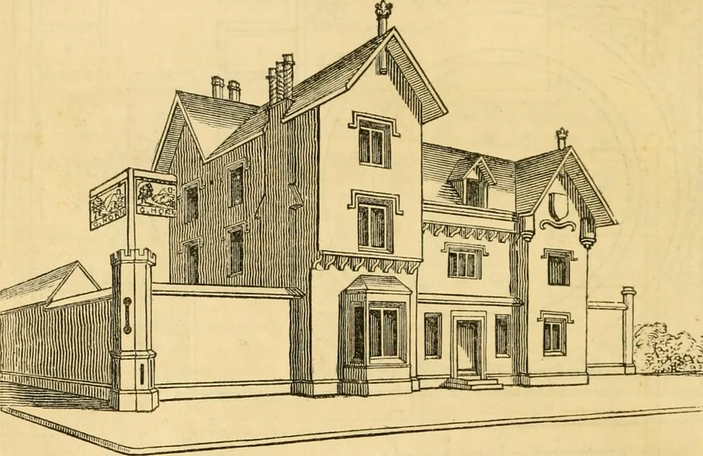 An illustration from An encyclopædia of cottage, farm, and villa architecture and furniture : containing numerous designs for dwellings from the cottage to the villa including farm houses, farmeries, and other agricultural buildings, several designs for country inns, public houses, and parochial schools, with the requisite fittings-up fixtures and furniture ; and appropriate offices, gardens and garden scenery ; each design accompanied by analytical and critical marks illustrative of the principles of archtiectural science and taste on whihc it is composed, 1836, leaf 703