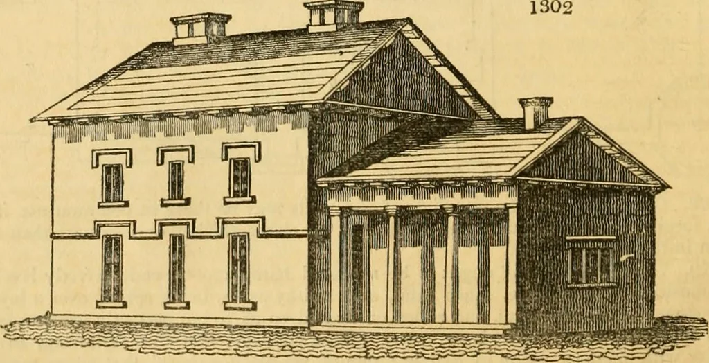 An illustration from An encyclopædia of cottage, farm, and villa architecture and furniture : containing numerous designs for dwellings from the cottage to the villa including farm houses, farmeries, and other agricultural buildings, several designs for country inns, public houses, and parochial schools, with the requisite fittings-up fixtures and furniture ; and appropriate offices, gardens and garden scenery ; each design accompanied by analytical and critical marks illustrative of the principles of archtiectural science and taste on whihc it is composed, 1836, leaf 705