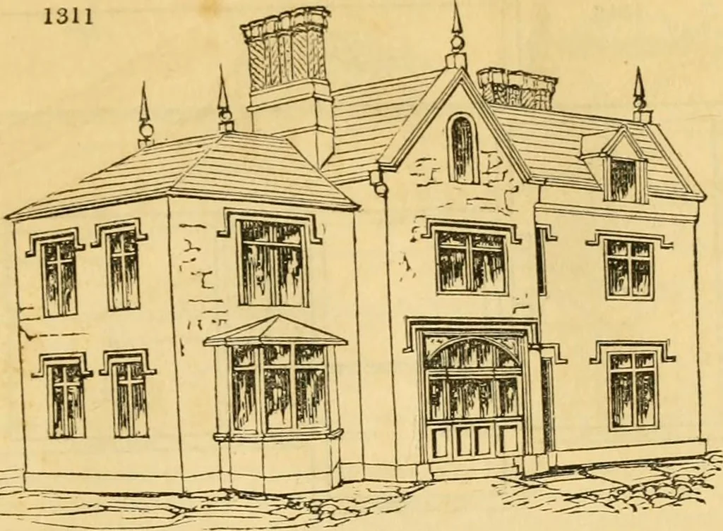 An illustration from An encyclopædia of cottage, farm, and villa architecture and furniture : containing numerous designs for dwellings from the cottage to the villa including farm houses, farmeries, and other agricultural buildings, several designs for country inns, public houses, and parochial schools, with the requisite fittings-up fixtures and furniture ; and appropriate offices, gardens and garden scenery ; each design accompanied by analytical and critical marks illustrative of the principles of archtiectural science and taste on whihc it is composed, 1836, leaf 710