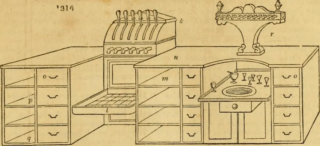 An illustration from An encyclopædia of cottage, farm, and villa architecture and furniture : containing numerous designs for dwellings from the cottage to the villa including farm houses, farmeries, and other agricultural buildings, several designs for country inns, public houses, and parochial schools, with the requisite fittings-up fixtures and furniture ; and appropriate offices, gardens and garden scenery ; each design accompanied by analytical and critical marks illustrative of the principles of archtiectural science and taste on whihc it is composed, 1836, leaf 712