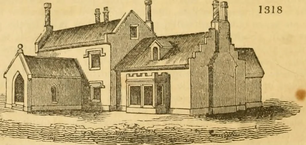 An illustration from An encyclopædia of cottage, farm, and villa architecture and furniture : containing numerous designs for dwellings from the cottage to the villa including farm houses, farmeries, and other agricultural buildings, several designs for country inns, public houses, and parochial schools, with the requisite fittings-up fixtures and furniture ; and appropriate offices, gardens and garden scenery ; each design accompanied by analytical and critical marks illustrative of the principles of archtiectural science and taste on whihc it is composed, 1836, leaf 713