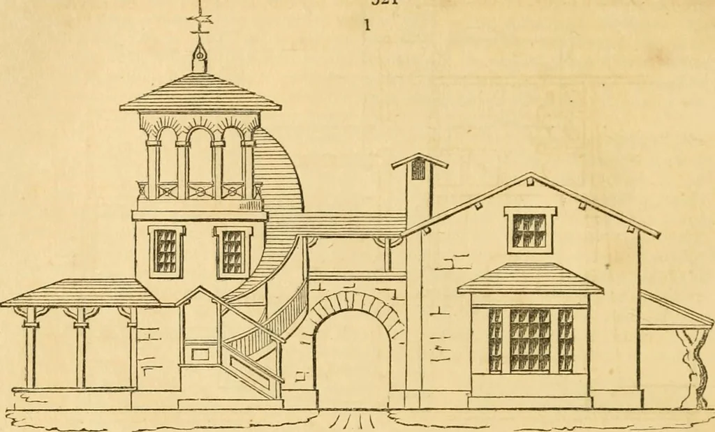 An illustration from An encyclopædia of cottage, farm, and villa architecture and furniture : containing numerous designs for dwellings from the cottage to the villa including farm houses, farmeries, and other agricultural buildings, several designs for country inns, public houses, and parochial schools, with the requisite fittings-up fixtures and furniture ; and appropriate offices, gardens and garden scenery ; each design accompanied by analytical and critical marks illustrative of the principles of archtiectural science and taste on whihc it is composed, 1836, leaf 715