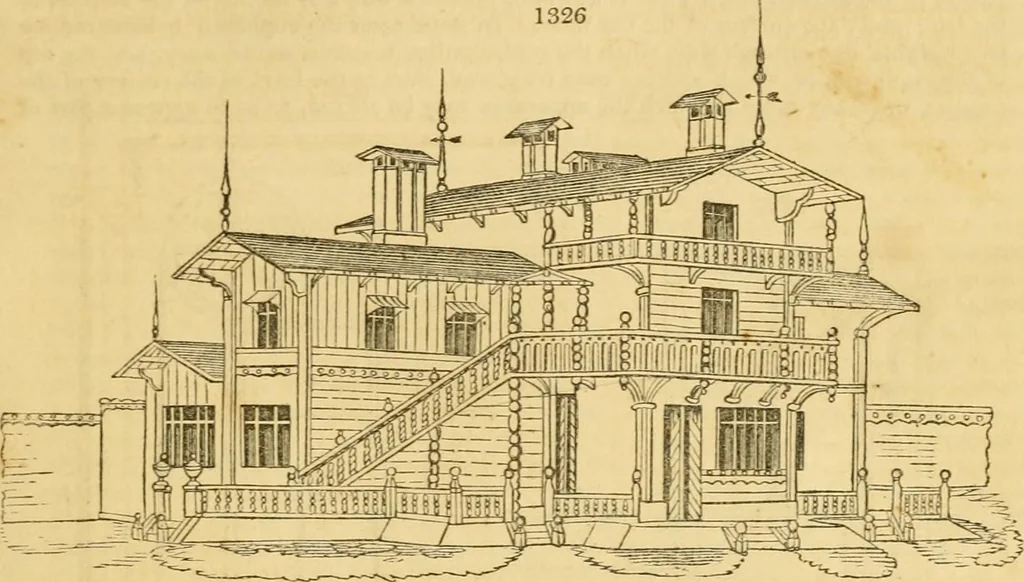 An illustration from An encyclopædia of cottage, farm, and villa architecture and furniture : containing numerous designs for dwellings from the cottage to the villa including farm houses, farmeries, and other agricultural buildings, several designs for country inns, public houses, and parochial schools, with the requisite fittings-up fixtures and furniture ; and appropriate offices, gardens and garden scenery ; each design accompanied by analytical and critical marks illustrative of the principles of archtiectural science and taste on whihc it is composed, 1836, leaf 718