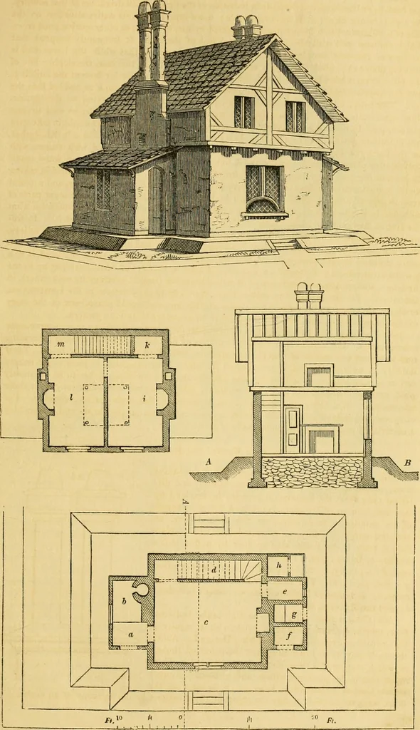An illustration from An encyclopædia of cottage, farm, and villa architecture and furniture : containing numerous designs for dwellings from the cottage to the villa including farm houses, farmeries, and other agricultural buildings, several designs for country inns, public houses, and parochial schools, with the requisite fittings-up fixtures and furniture ; and appropriate offices, gardens and garden scenery ; each design accompanied by analytical and critical marks illustrative of the principles of archtiectural science and taste on whihc it is composed, 1836, leaf 72