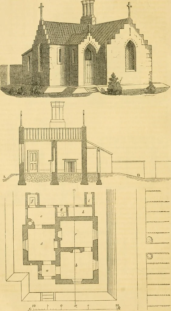 An illustration from An encyclopædia of cottage, farm, and villa architecture and furniture : containing numerous designs for dwellings from the cottage to the villa including farm houses, farmeries, and other agricultural buildings, several designs for country inns, public houses, and parochial schools, with the requisite fittings-up fixtures and furniture ; and appropriate offices, gardens and garden scenery ; each design accompanied by analytical and critical marks illustrative of the principles of archtiectural science and taste on whihc it is composed, 1836, leaf 73