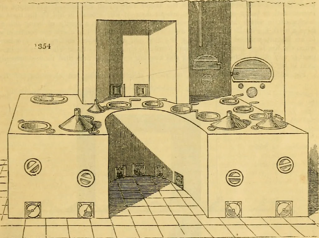 An illustration from An encyclopædia of cottage, farm, and villa architecture and furniture : containing numerous designs for dwellings from the cottage to the villa including farm houses, farmeries, and other agricultural buildings, several designs for country inns, public houses, and parochial schools, with the requisite fittings-up fixtures and furniture ; and appropriate offices, gardens and garden scenery ; each design accompanied by analytical and critical marks illustrative of the principles of archtiectural science and taste on whihc it is composed, 1836, leaf 734