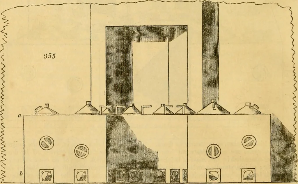An illustration from An encyclopædia of cottage, farm, and villa architecture and furniture : containing numerous designs for dwellings from the cottage to the villa including farm houses, farmeries, and other agricultural buildings, several designs for country inns, public houses, and parochial schools, with the requisite fittings-up fixtures and furniture ; and appropriate offices, gardens and garden scenery ; each design accompanied by analytical and critical marks illustrative of the principles of archtiectural science and taste on whihc it is composed, 1836, leaf 735