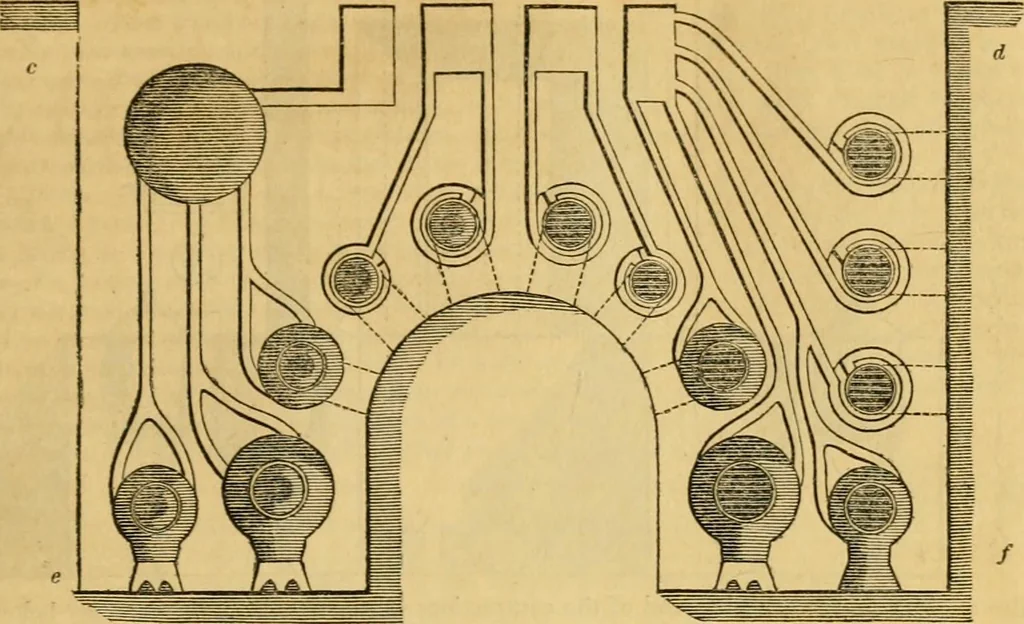 An illustration from An encyclopædia of cottage, farm, and villa architecture and furniture : containing numerous designs for dwellings from the cottage to the villa including farm houses, farmeries, and other agricultural buildings, several designs for country inns, public houses, and parochial schools, with the requisite fittings-up fixtures and furniture ; and appropriate offices, gardens and garden scenery ; each design accompanied by analytical and critical marks illustrative of the principles of archtiectural science and taste on whihc it is composed, 1836, leaf 736
