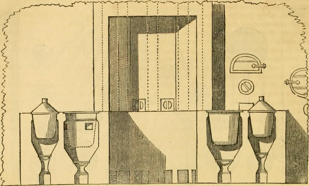 An illustration from An encyclopædia of cottage, farm, and villa architecture and furniture : containing numerous designs for dwellings from the cottage to the villa including farm houses, farmeries, and other agricultural buildings, several designs for country inns, public houses, and parochial schools, with the requisite fittings-up fixtures and furniture ; and appropriate offices, gardens and garden scenery ; each design accompanied by analytical and critical marks illustrative of the principles of archtiectural science and taste on whihc it is composed, 1836, leaf 737