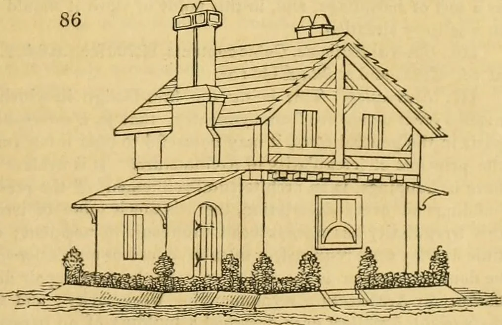 An illustration from An encyclopædia of cottage, farm, and villa architecture and furniture : containing numerous designs for dwellings from the cottage to the villa including farm houses, farmeries, and other agricultural buildings, several designs for country inns, public houses, and parochial schools, with the requisite fittings-up fixtures and furniture ; and appropriate offices, gardens and garden scenery ; each design accompanied by analytical and critical marks illustrative of the principles of archtiectural science and taste on whihc it is composed, 1836, leaf 74
